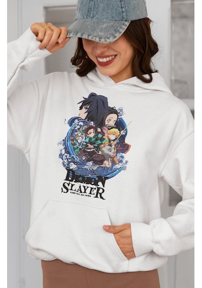 Sevbano Demon Slayer Kimetsu No Yaiba Baskılı Unisex Oversize Anime Hoodi beyaz
