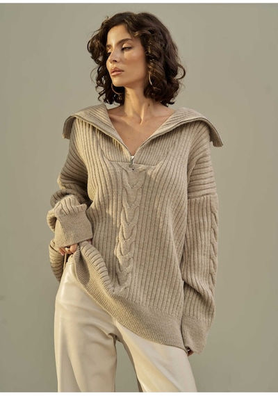 Mai Collection Mai Studios Co. Rika Vizon Saç Örgü Fermuarlı Triko Kazak Vizon