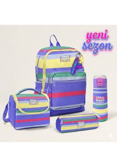 Kids Desenli 4 Lü Okul Çanta Seti Mavi - Lacivert