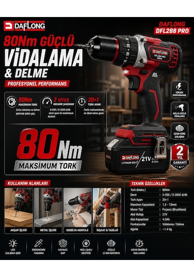Daflong DFL288 Pro 6'lı Set - 4 Bataryalı Taşıma Çantalı 80NM Şarjlı Matkap + 600NM Torklu Bijon Sökme + Devir Ayarlı Taşlama + Kırıcı Delici Hilti + Sunta Kesme + Dekupaj Makinesi