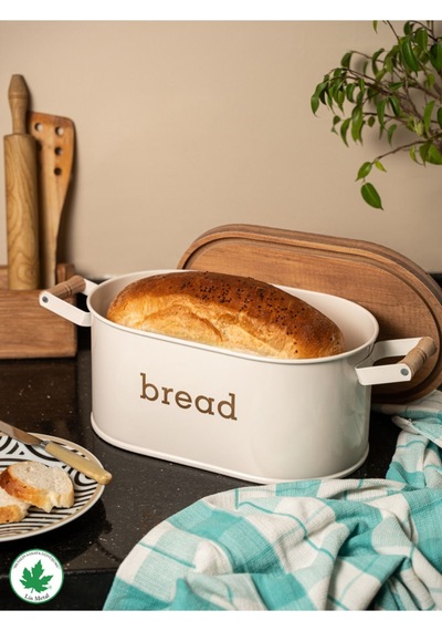 Ahşap Kapaklı Ahşap Kulplu Metal Ekmeklik Bread Baskılı - Krem Krem