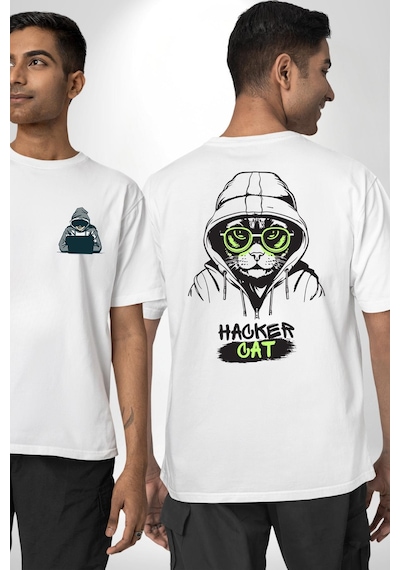 Hacker Kedi Bilgisayar Korsanı Yeşil Gözlük Beyaz Oversize Unisex Ön Ve Sırt Baskılı Tişört Beyaz