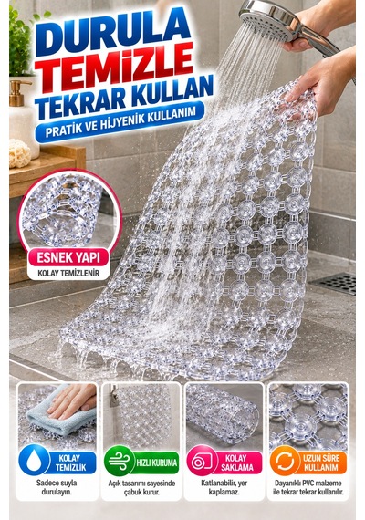 Crystal Kaymaz Vantuzlu Banyo Paspası Şeffaf 68x35 Cm Islak Zemin Kaydırmaz Küvet Duşakabin Pvc Matı