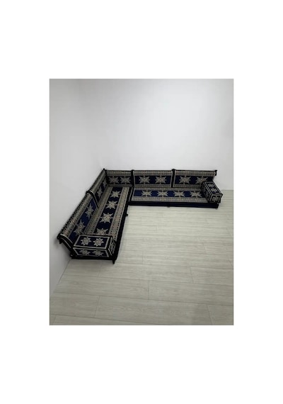 Yıldız Modeli Lacivert Otantik Şark Köşesi Takımı L Set - Geleneksel Yer Minderi Seti 10 Cm Minder Kalınlığı 9 Parça