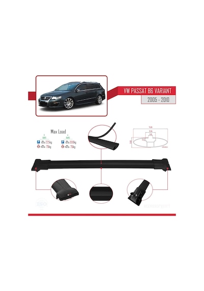 Volkswagen Passat B6 Varıant 2005-2010 Arası İle Uyumlu Fly Model Ara Atkı Tavan Barı Siyah 3 Adet Bar