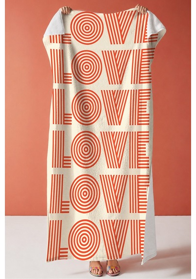 Love Yazılı Modern Plaj Havlusu - Geometrik Tipografik Krem Turuncu Hızlı Kuruyan Mikrofiber Havlu Çok Renkli