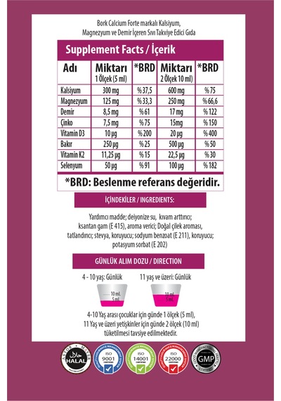 Kalsiyum Çinko D3k2 Magnezyum Demir İçeren Kemik Geişimi İçin Çocuk Şurubu 150 Ml.