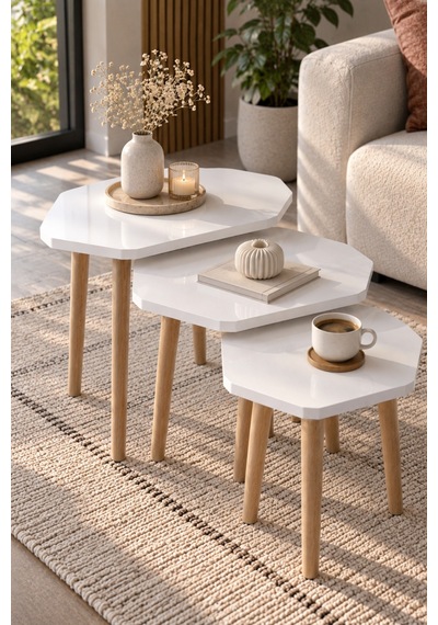 Sulorahome 3'lü Beyaz Geometrik Zigon Sehpa Seti Ahşap Ayaklı