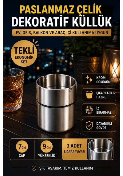Paslanmaz Çelik Masa Tipi Küllük Dekoratif Krom Küllük Ev Ofis Araç İçi Kullanım 9 Cm