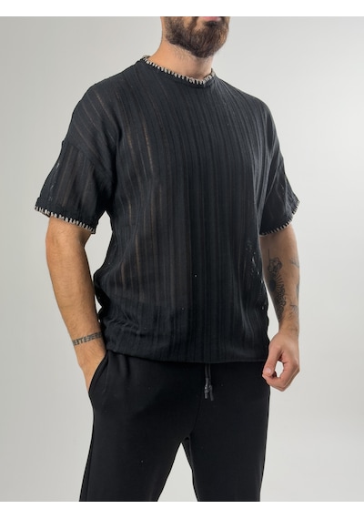 Cocopelli Yaka İp Detaylı Tasarım Erkek Siyah T-shirt Coc2611 Siyah