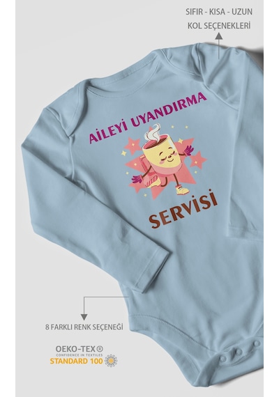 Aileyi Uyandırma Servisi Baskılı Bebek Zıbını Çıtçıtlı Body %100 Pamuk Uzun Kol Bebe Mavisi