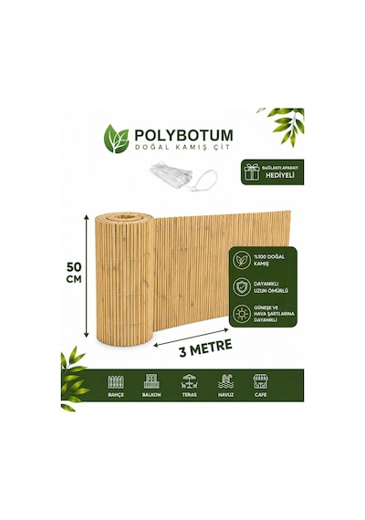 Polybotum Premium Doğal Kamış Hasır Balkon Çiti 50x300 Cm Sık D