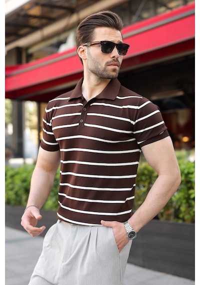 Madmext Acı Kahverengi Çizgili Polo Yaka Triko Erkek T-shirt E7405