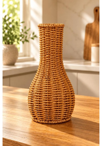 Atbyhome Doğal Hasır Rattan Çiçek Vazosu 27 Cm - Masa Üstü Dekoratif Bohem El Örgüsü Kuru Çiçeklik Vazo Kahverengi
