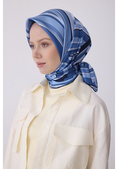 Geometrik Desen İpek Twill Eşarp T 4311 Mavi