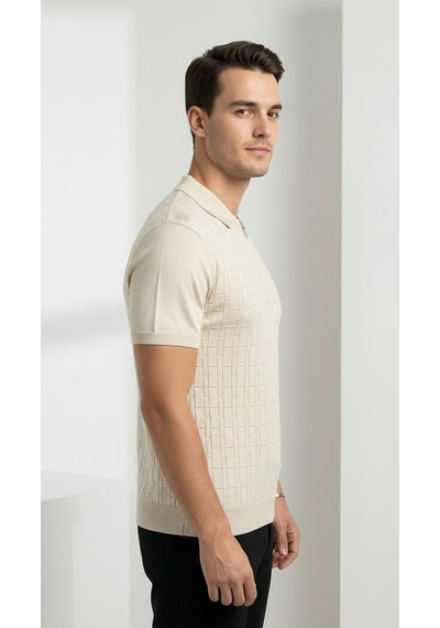 Plus Scorpion Erkek Polo Yaka Fermuarlı Triko Tişört Dokulu Slim Fit Bej