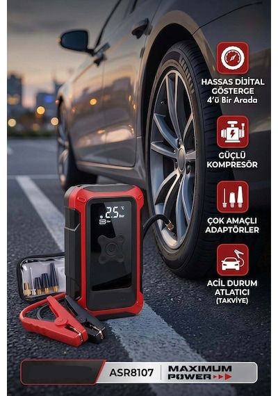 4'ü 1 Arada Dijital Göstergeli Powerbank Led Fener Hava Kompresörü Şarjlı Akü Takviye Cihazı