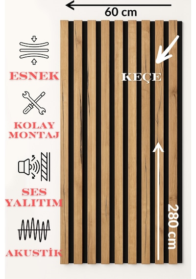 Savana Meşe Keçe Tabanlı Ses Yalıtımlı Duvar Paneli 60x280 Cm Akustik Dekoratif Panel 8 Mm Kalınlık Savanameşe