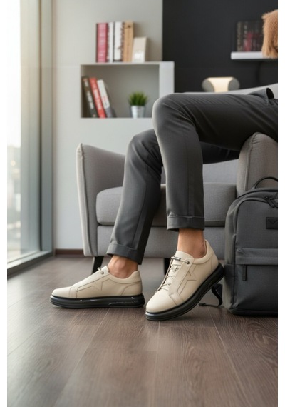 Enoch Hakiki Deri Yıldız Detaylı Günlük Erkek Sneaker Yüksek Comfort Taban Bej