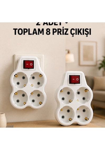 4 Lü Priz Çoğaltıcı 2 Adet Set Kablosuz Duvar Tipi Anahtarlı Priz Çoklayıcı Diğer