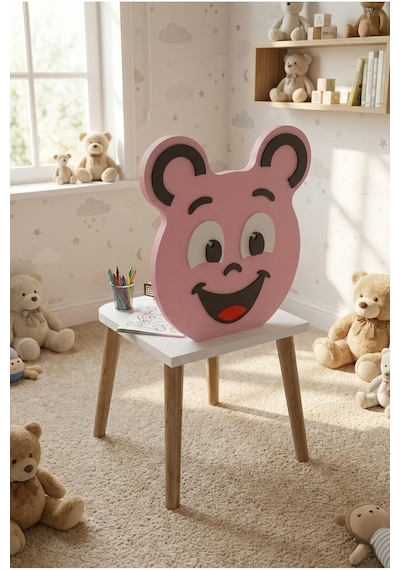 Reyo Falez Happy Face Çocuk Sandalyesi, Ahşap Ayaklı, Sevimli Figürlü Pembe