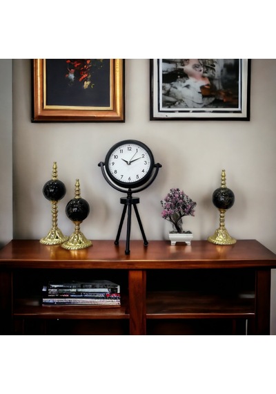 Siyah Metal Ofis Salon Otel Ayaklı Masa Saati 26 45 Cm M4