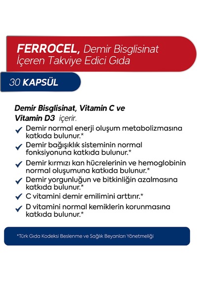 Dr. Henri Ferrocel Demir Bisglisinat Vitamin D3 ve Vitamin C 30 Kapsül