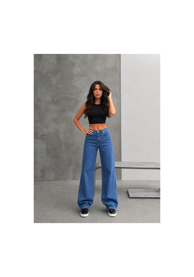 Kene Jeans Mavi Arka Cep Nakışlı Kemer Tokalı Boru Paça Pantolon Jeans Mavi