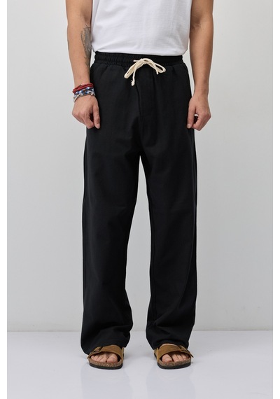 Vamos Bağcıklı Baggy Fit Keten Pantolon Siyah