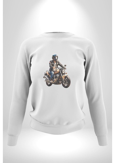 Kask Motorsiklet Dünya Turu Unisex Beyaz Baskılı Sweatshirt Beyaz