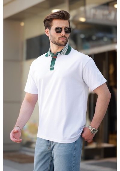 Madmext Beyaz Polo Yaka Erkek T-shirt E7147 Beyaz