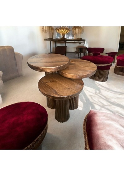 Simillo Wood Wooden Ahşap 3 Lü Set Fitilli Mantar Yan Sehpa Modern Ceviz Renk Fiskos Ceviz