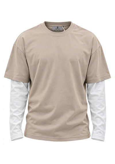 Coalcity Coal City Erkek Ekru Oversize Çift Renkli Uzun Kollu T-shirt Bej - Beyaz