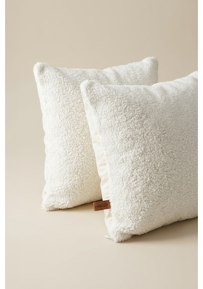 İskandinav Bohem 2'li Kırlent Kılıfı Modern Dekoratif Salon Koltuk Yastık Kılıfı 55x55 cm Teddy Puffy Beyaz