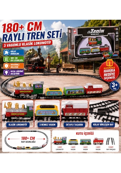 180 Cm Raylı Oyuncak Tren Seti 3 Vagonlu Klasik Lokomotif 9 Parça Demiryolu Oyun Seti