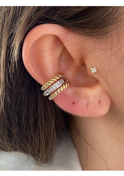 Pinery Jewels Vıp Seri - 3 Sıra Altın Gümüş Renk Kadın Earcuff Kıkırdak Küpe Altın