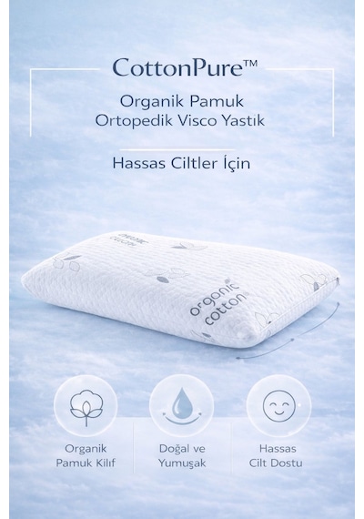 Cottonpure Organik Pamuk Ortopedik Visco Yastık 60x40x13 Cm Hassas Ciltler İçin Beyaz