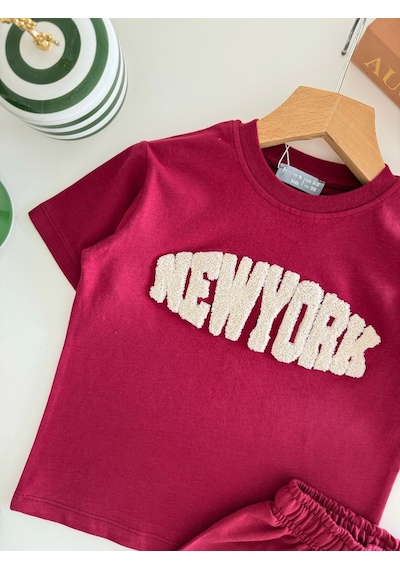 Magu Çocuk Pamuklu Bordo New York Yazı Aplikeli T-shirt Şort Takım