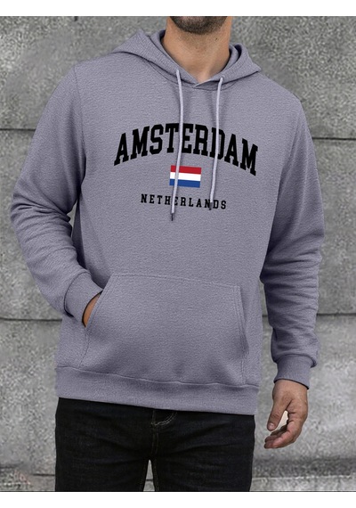 Startmore Startmoreamsterdam Hollanda Bayrağı Baskı Erkek Kapüşonlular Moda Rahat Kapşonlu Polar Gevşek Hoody Yü Gri