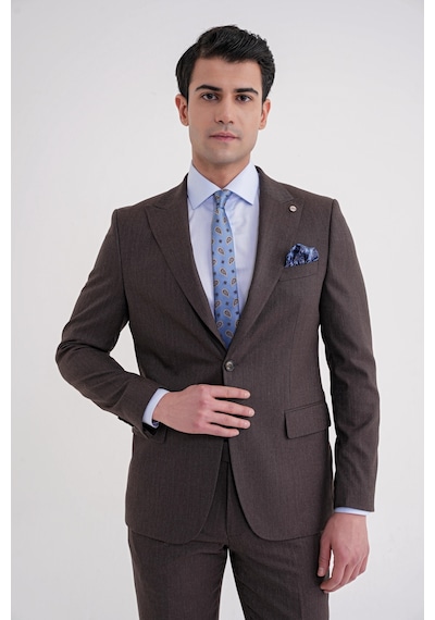 Efor Slim Fit Çift Yırtmaç Sivri Yaka Esnek Kahverengi Klasik Takım Elbise Tk 939 Kahverengi