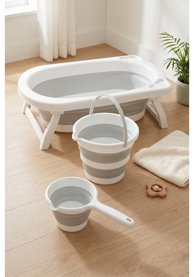 Katlanır Bebek Yıkama Seti 30 Lt Küvet 12 Lt Kova 1 Lt Maşrapa Taşınabilir Bebek Banyo Küveti