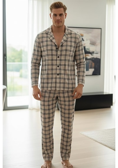 Siyah İnci Erkek Ekoseli %100 Pamuklu Örme Düğmeli Pijama Takım 7985 Bej Ekose