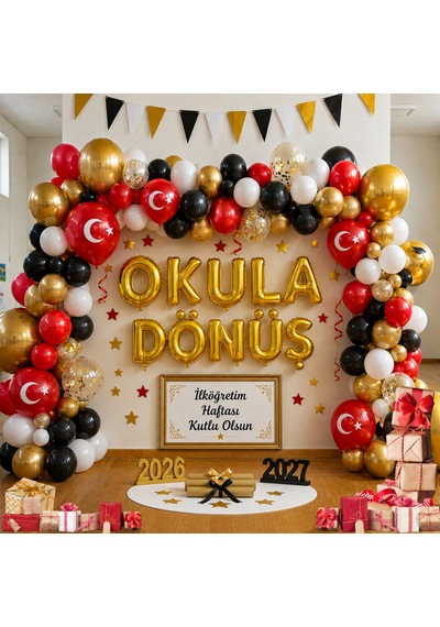 İlköğretim Haftası Konulu Okula Dönüş Gold Folyo Harfler Beyaz Kırmızı Siyah Gold Balonlar Okul Sınıf Pano Süsleme Çok  Renkli