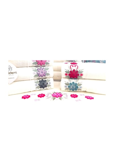 6.lı Set Annem 50x90 Cm. Özel Tafting Nakışlı Kadife Doku Çeyizlik Lüks Havlu Seti Beyaz Renkli