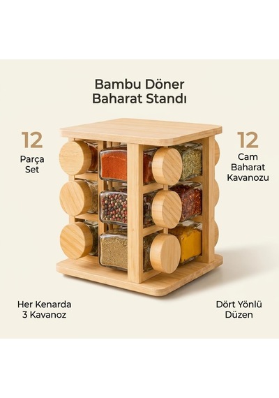 Bambu Döner Standlı 12 Li Cam Baharatlık Seti, Bambu Kapaklı 12 Kavanoz, Üç Katlı Dört Taraflı Baharat Standı, Şeffaf Tezgah Üstü Mutfak Düzenleyici Çok Renkli