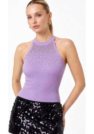 Neden Tekstil Kadın Taşlı Fitilli Halter Yaka Crop Bluz - Lila
