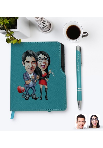 Kişiye Özel Sevgililer Karikatürlü Turkuaz Termo Deri Defter Kale N11.3587 Turkuaz