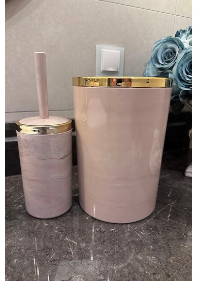 Makri Home Banyo Seti 5'li,akrilik-çöpkovası,wc Fırçalık,sıvı Sabunluk,diş Fırçalık,el Sabunluk,gold Renk Detay Somon