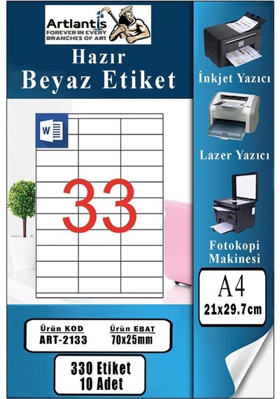 A4 Hazır Etiket 70x25 Mm 10 Sayfa 1 Paket 33 Lü Kendinden Yapışkanlı Fotokopi Lazer İnkjet Kağıdı Yazıcılar İçin Uyumlu