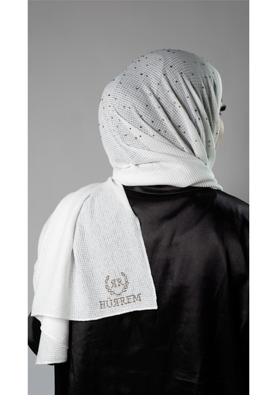 Hürrem Bone Beyaz Pratik Hazır Geçmeli Tesettür Şal Örme Kumaş Taş Desenli 2118t 42
